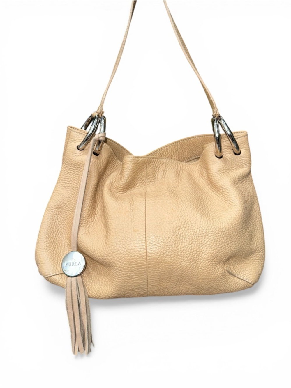 Furla Pebbled Leather Shoulder Tote Beige Tassel Made in Italy